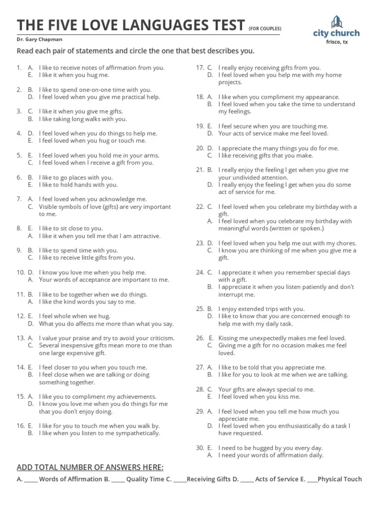 The Five Love Languages Test PDF Language Arts amp Discipline