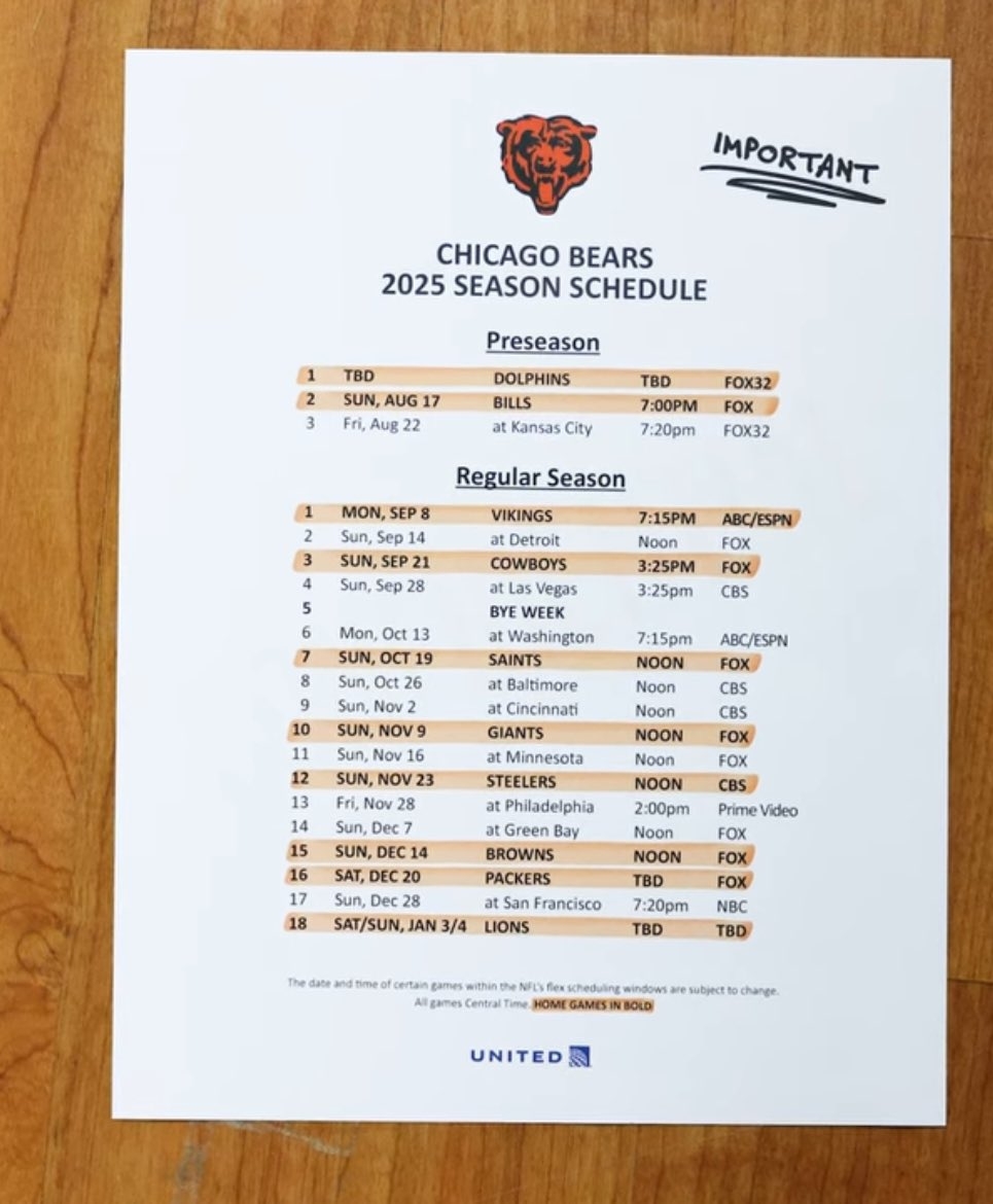 Printable Bears Schedule