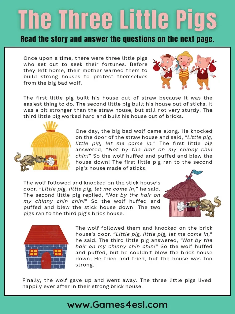 The Three Little Pigs Reading Comprehension Worksheet PDF 