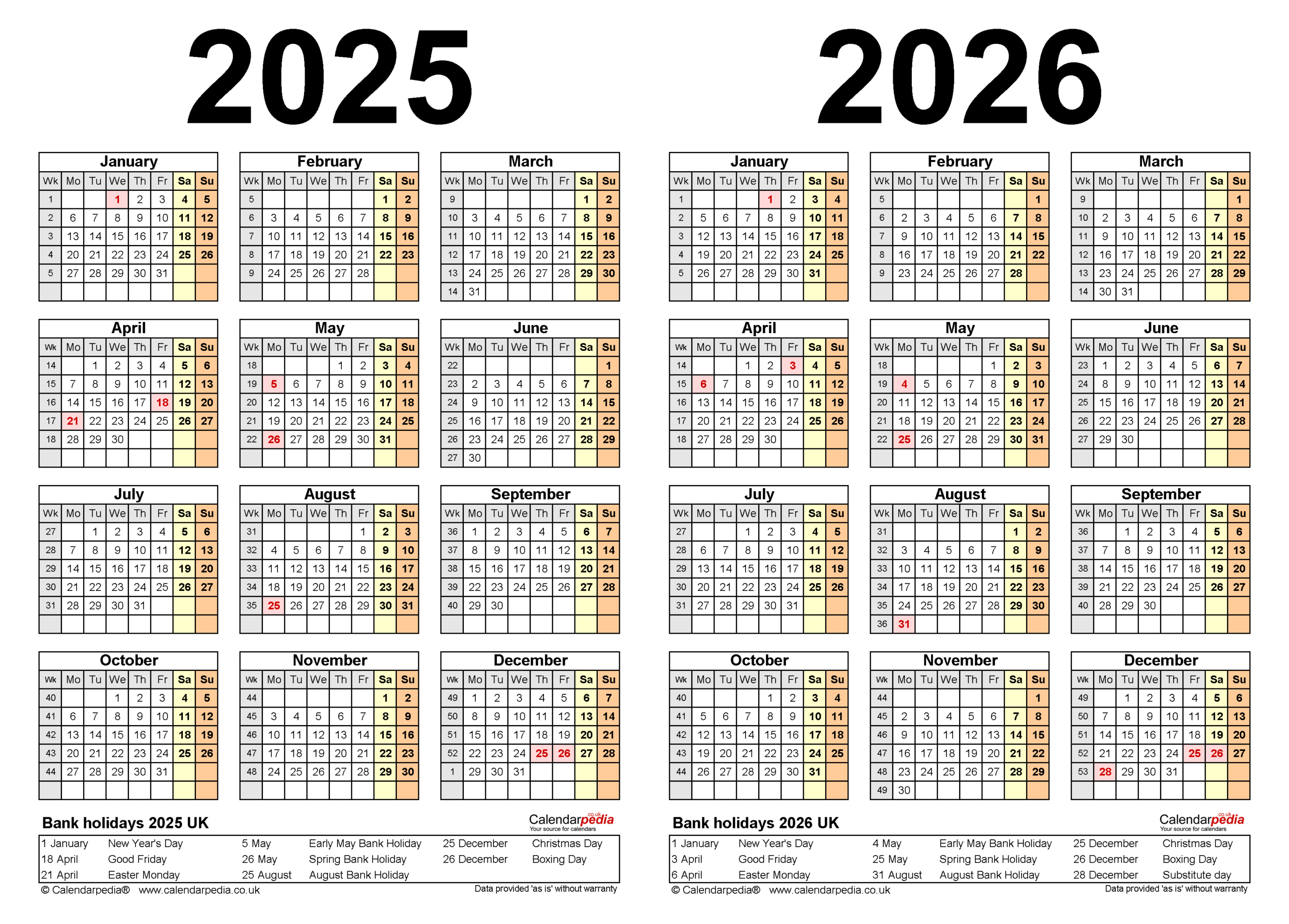Two Year Calendars For 2025 And 2026 UK For PDF
