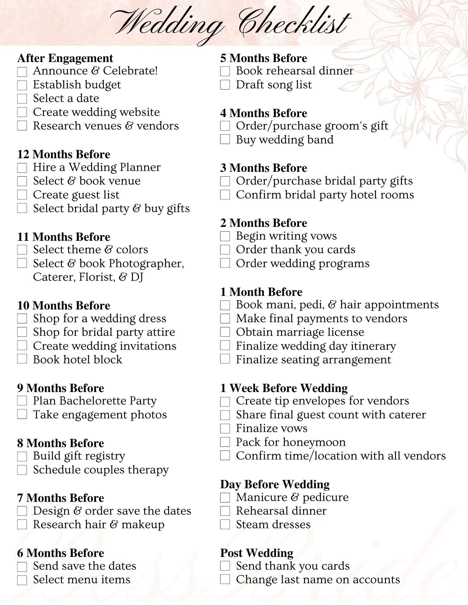Wedding Checklist Editable Printable Instant Download 