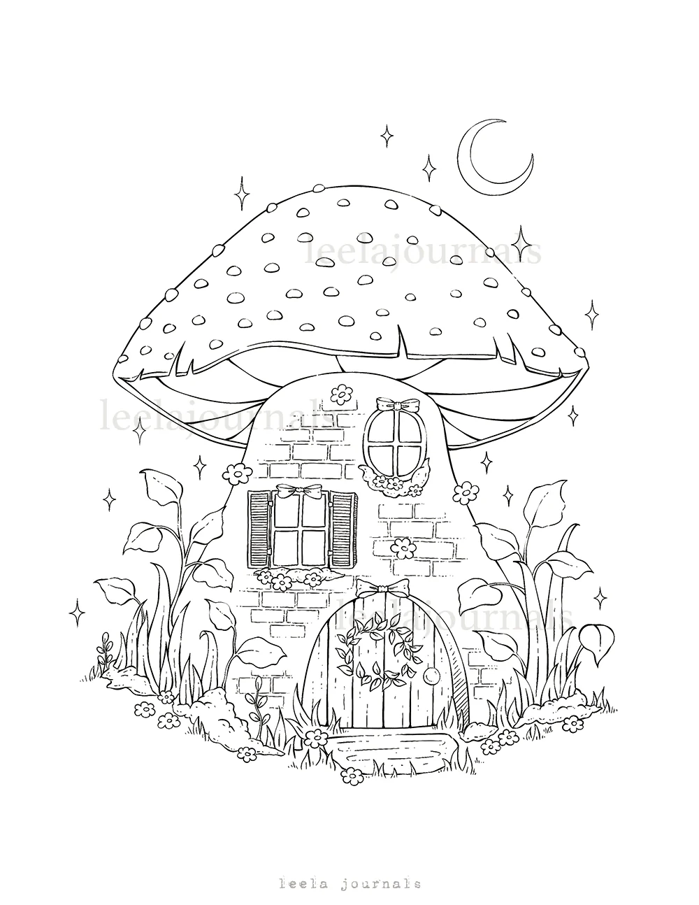X2 Mushroom House Coloring Page Digital Download Leela Journals